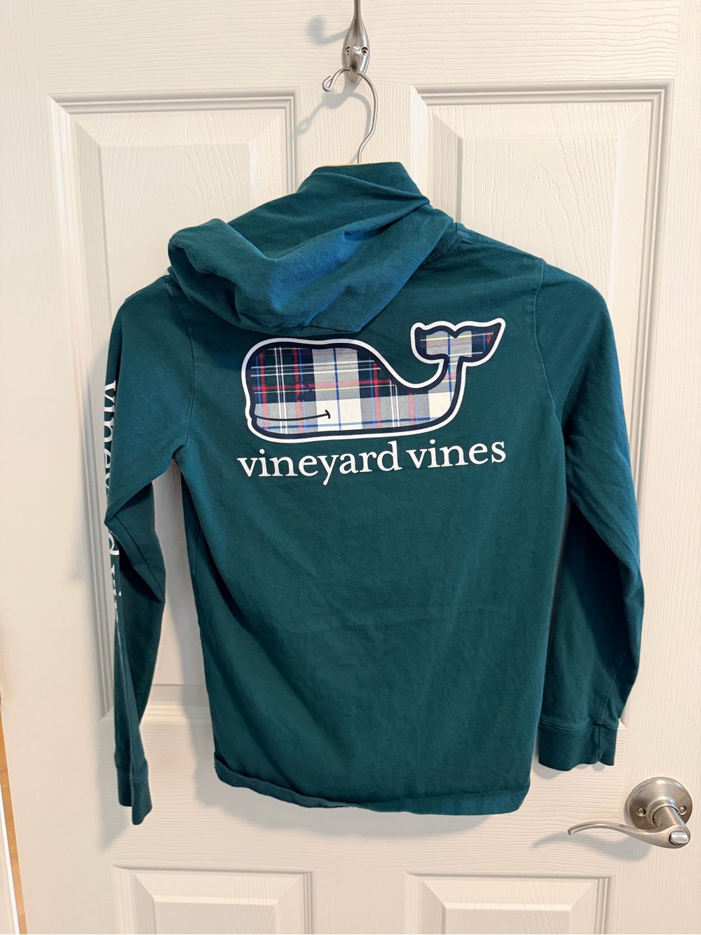 Vineyard Vines Green Hooded Long Sleeve Tee with Plaid Whale Graphic